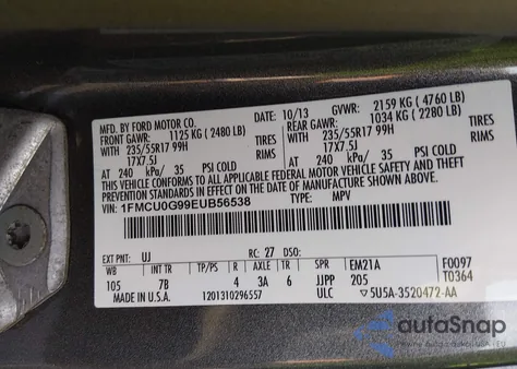 2014 Ford Escape Se из США, поврежденный, VIN 1FMCU0G99EUB56538